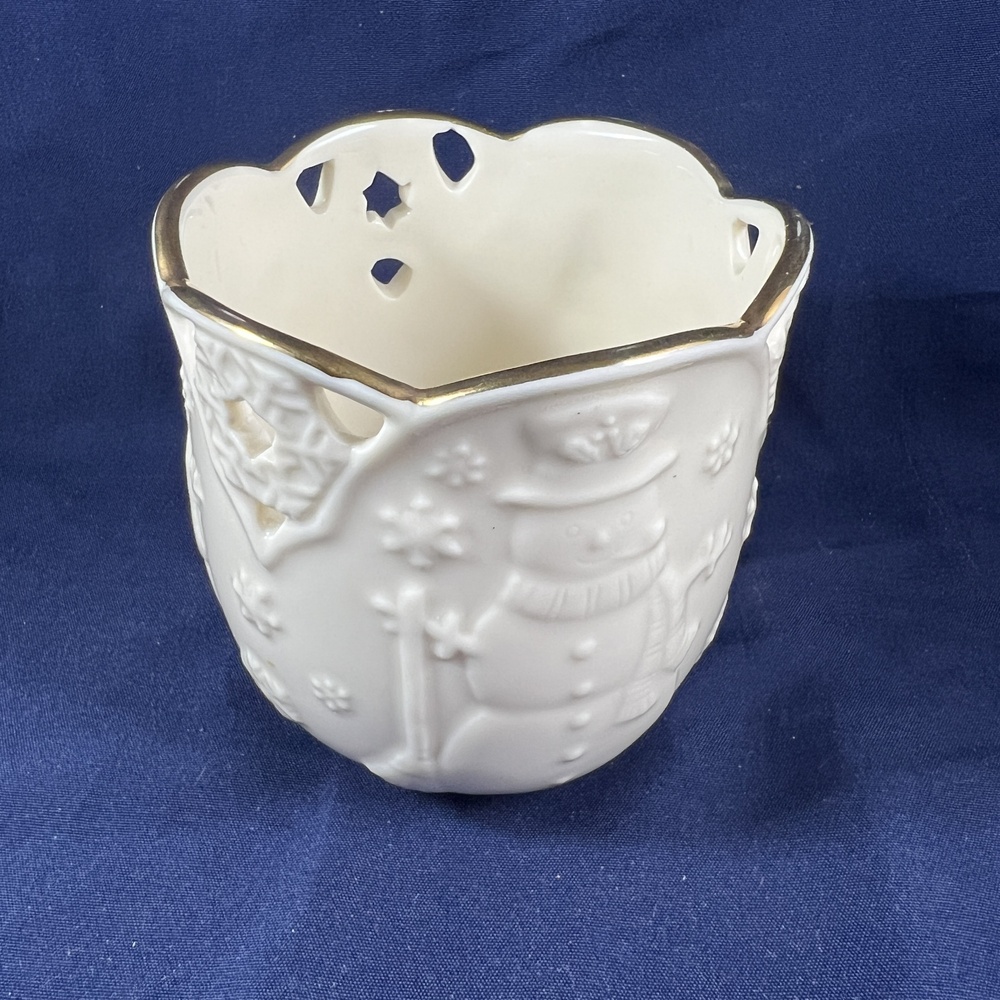 Lenox Merry Lights Christmas Snowman Tea Light Votive Candle Holder Gold Trim
